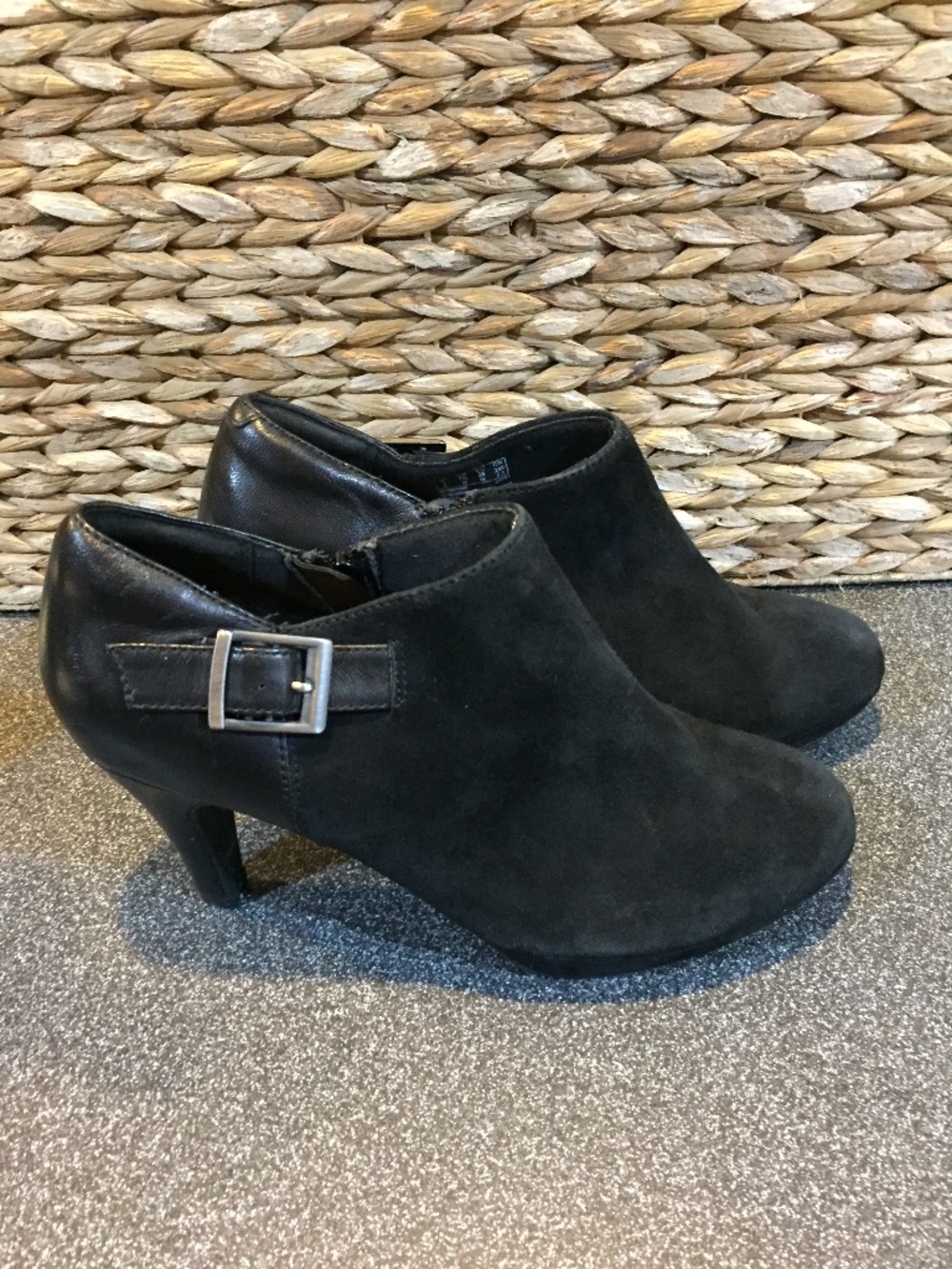 Clarks Black Suede & Leather Ankle Booties with Side Buckle